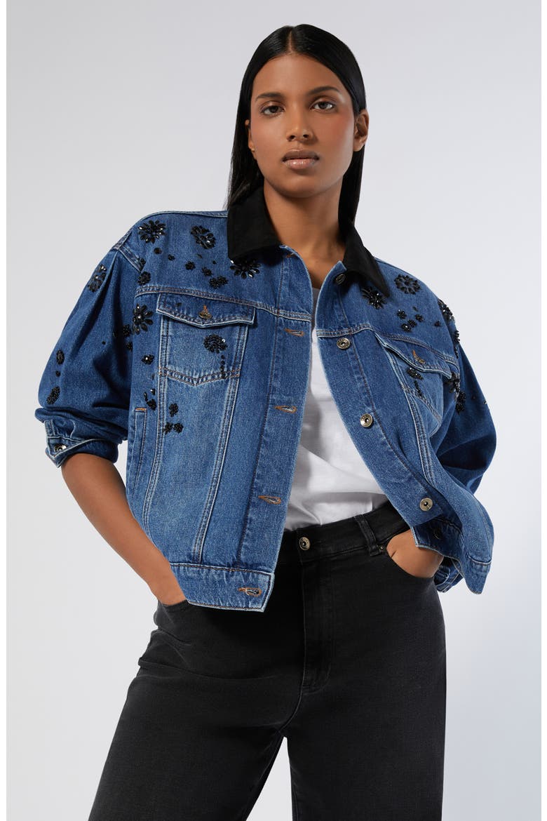 Quiete Rhinestone Detail Denim Trucker Jacket, Alternate, color, NAVY