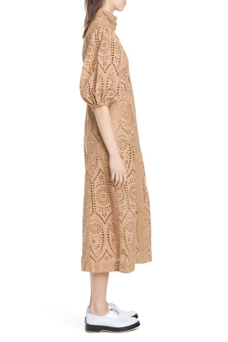 Puff Sleeve Broderie Anglaise Cotton Midi Dress, Alternate, color, TANNIN 185