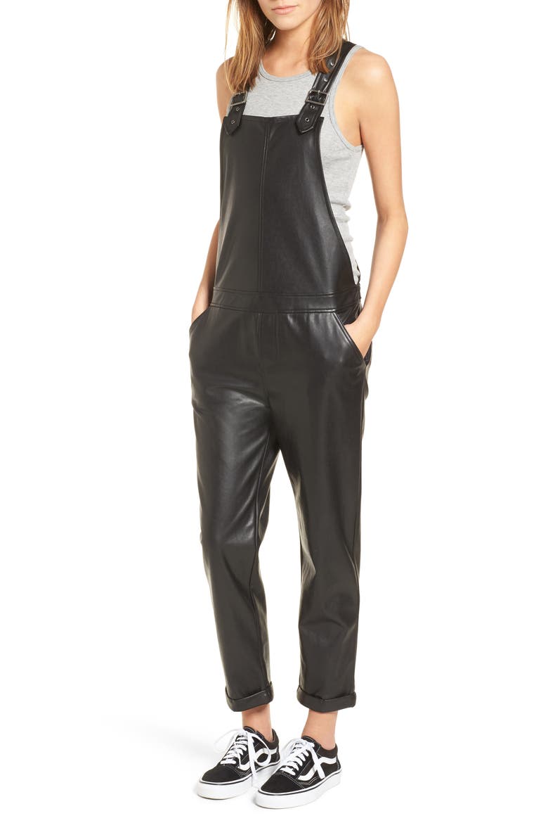 Faux Leather Overalls, Main, color, BLACK