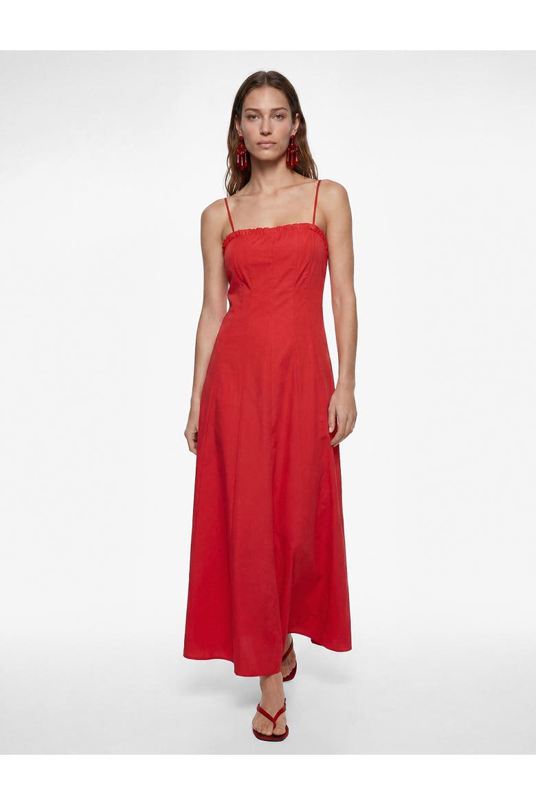 Cotton Slim Fit Ruffle Detail Strapy Midi Dress, Main, color, RED