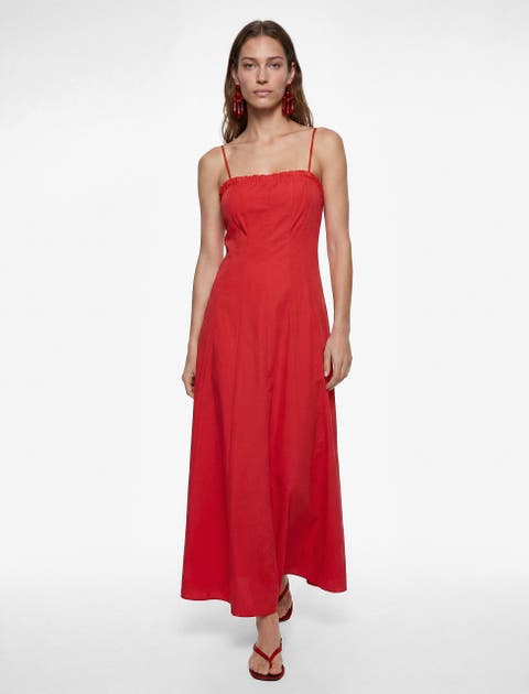 Cotton Slim Fit Ruffle Detail Strapy Midi Dress