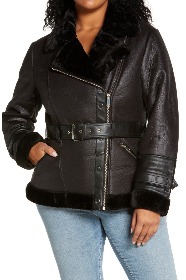 Belted Faux Leather & Faux Fur Aviator Jacket, Alternate, color, BLACK