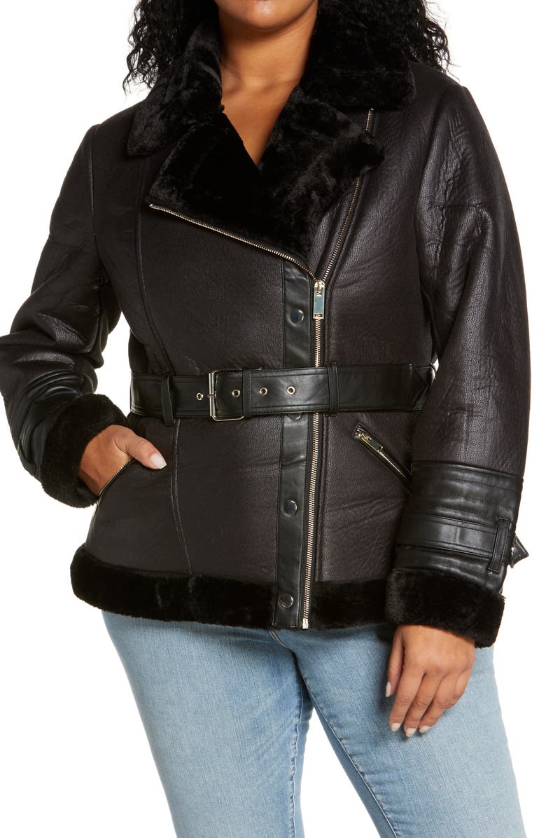 River Island Belted Faux Leather & Faux Fur Aviator Jacket, Alternate, color,