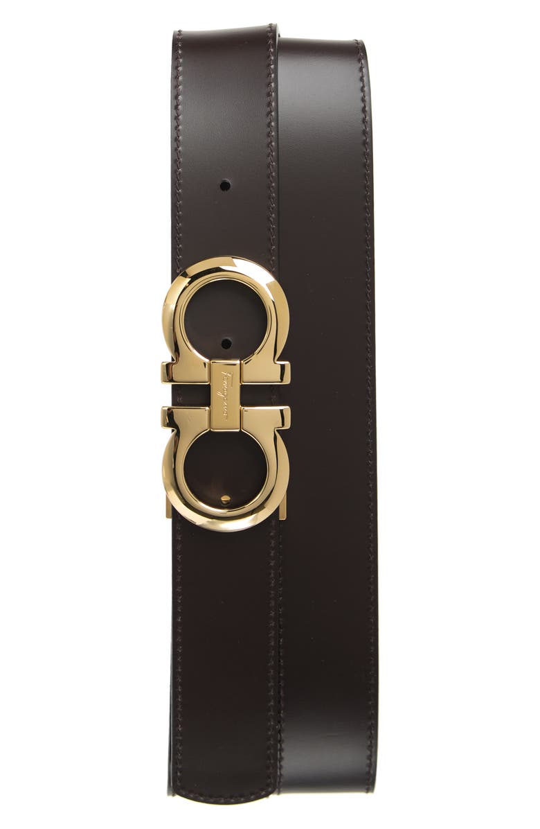 FERRAGAMO Reversible Double Gancio Leather Belt, Alternate, color, Black/ Hickory