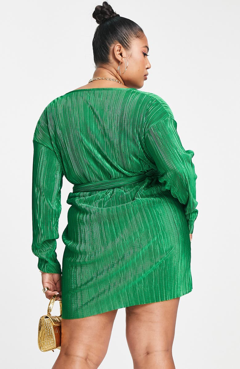 ASOS DESIGN Curve Plissé Long Sleeve Wrap Minidress, Alternate, color,