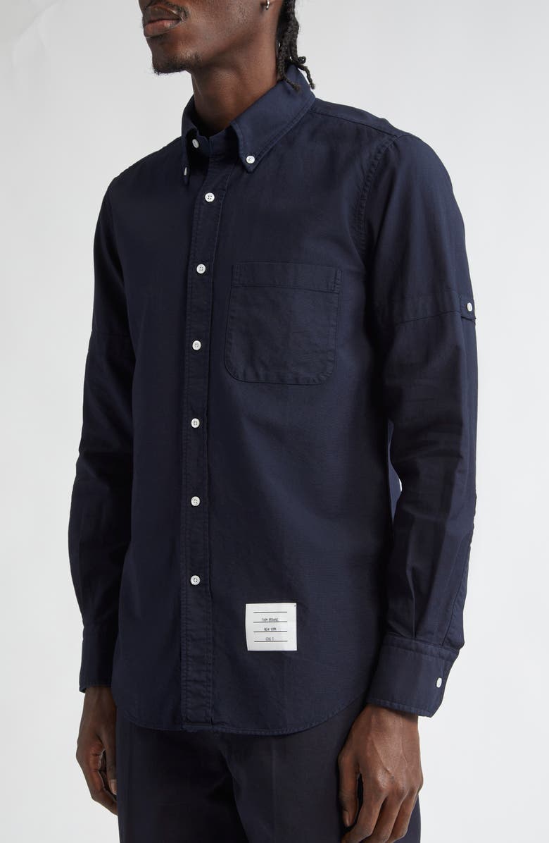 Thom Browne Armband Straight Fit Cotton Poplin Button-Down Shirt, Alternate, color, Navy
