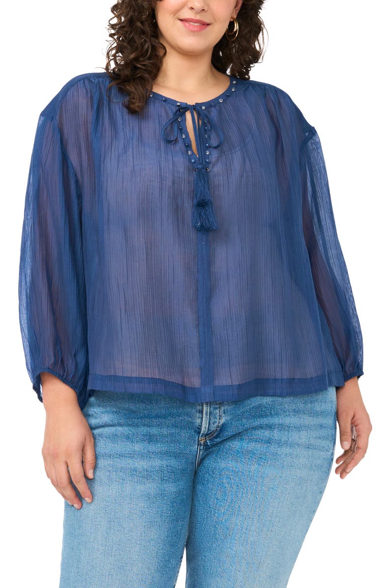 Vince Camuto Split Neck Sheer Peasant Top, Main, color, 407 Classic Navy