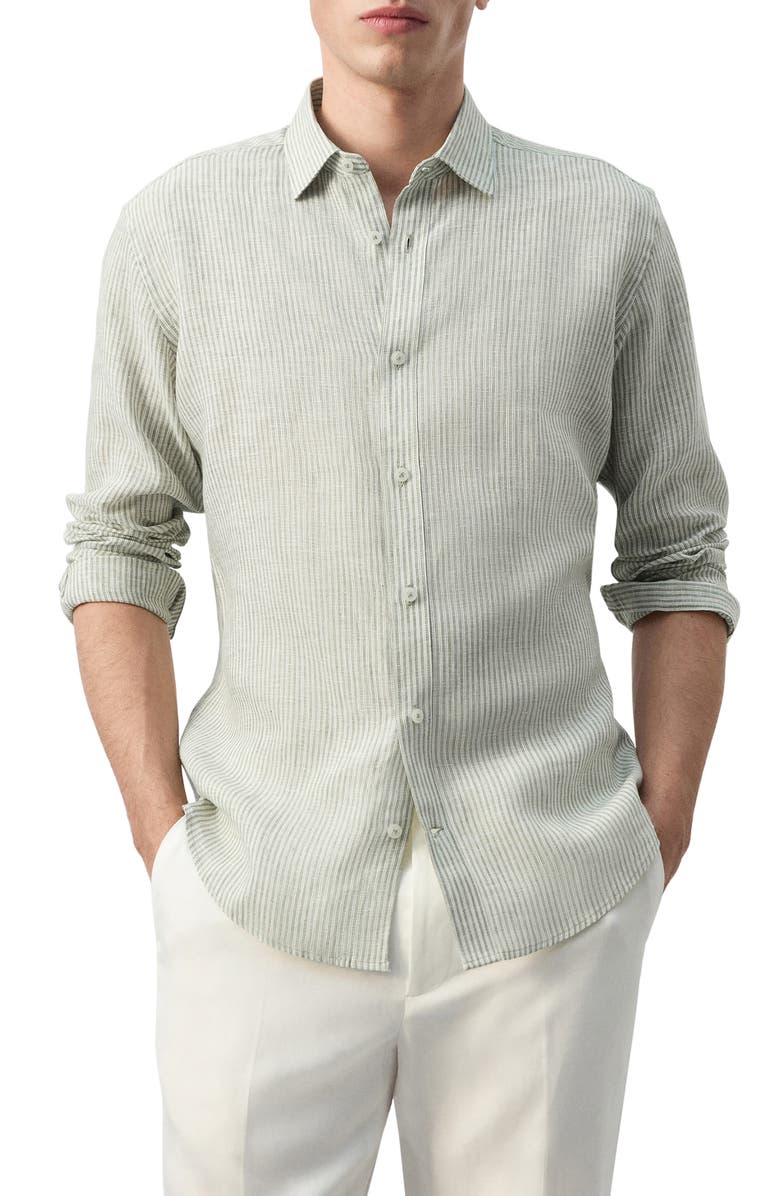 MANGO Stripe Slub Linen Button-Up Shirt, Main, color, Khaki Green