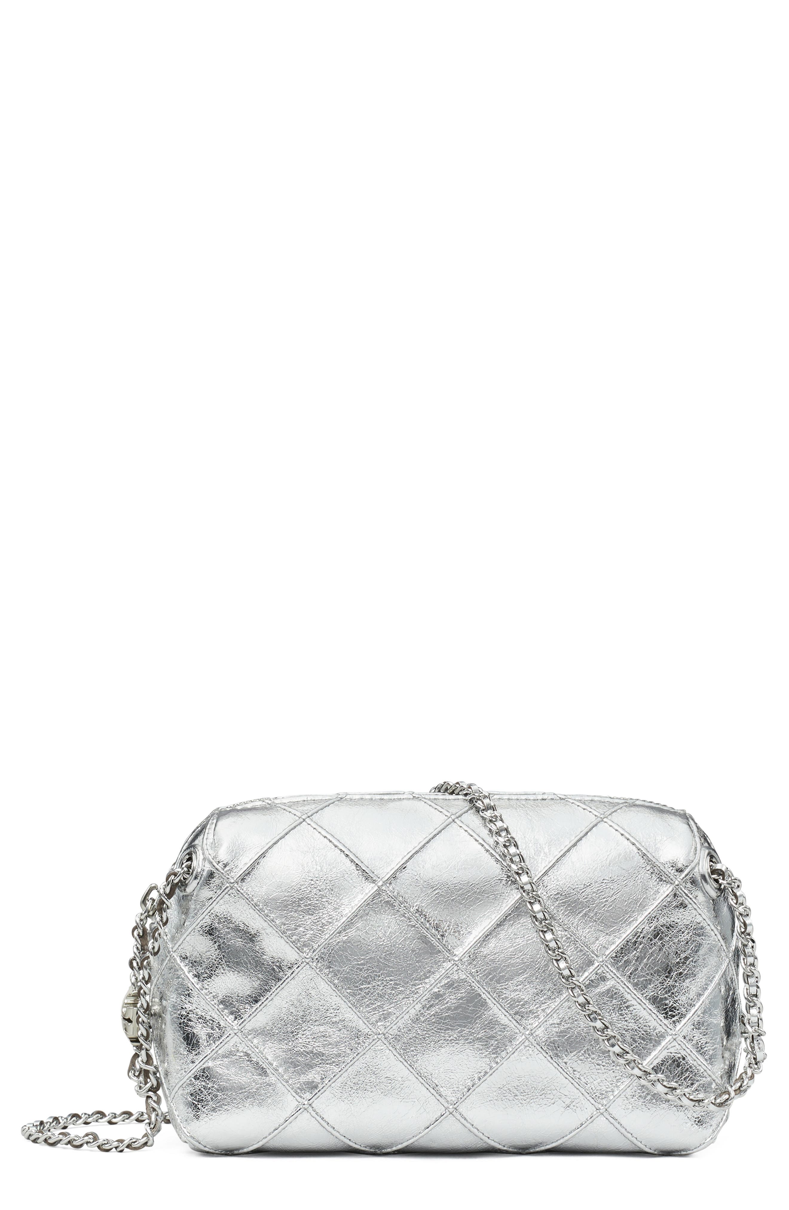 Tory Burch Fleming Soft Metallic Leather Crossbody Bag, Main, color, Silver