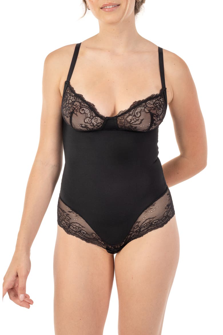 Lace Trim Slimming Bodysuit, Main, color, BLACK