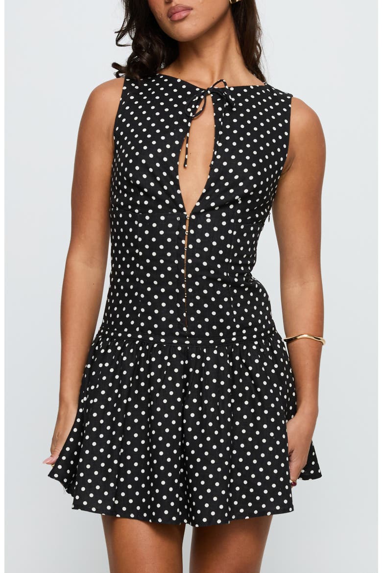 Alissea Polka Dot Keyhole Linen Blend Minidress, Main, color, BLACK POLKA