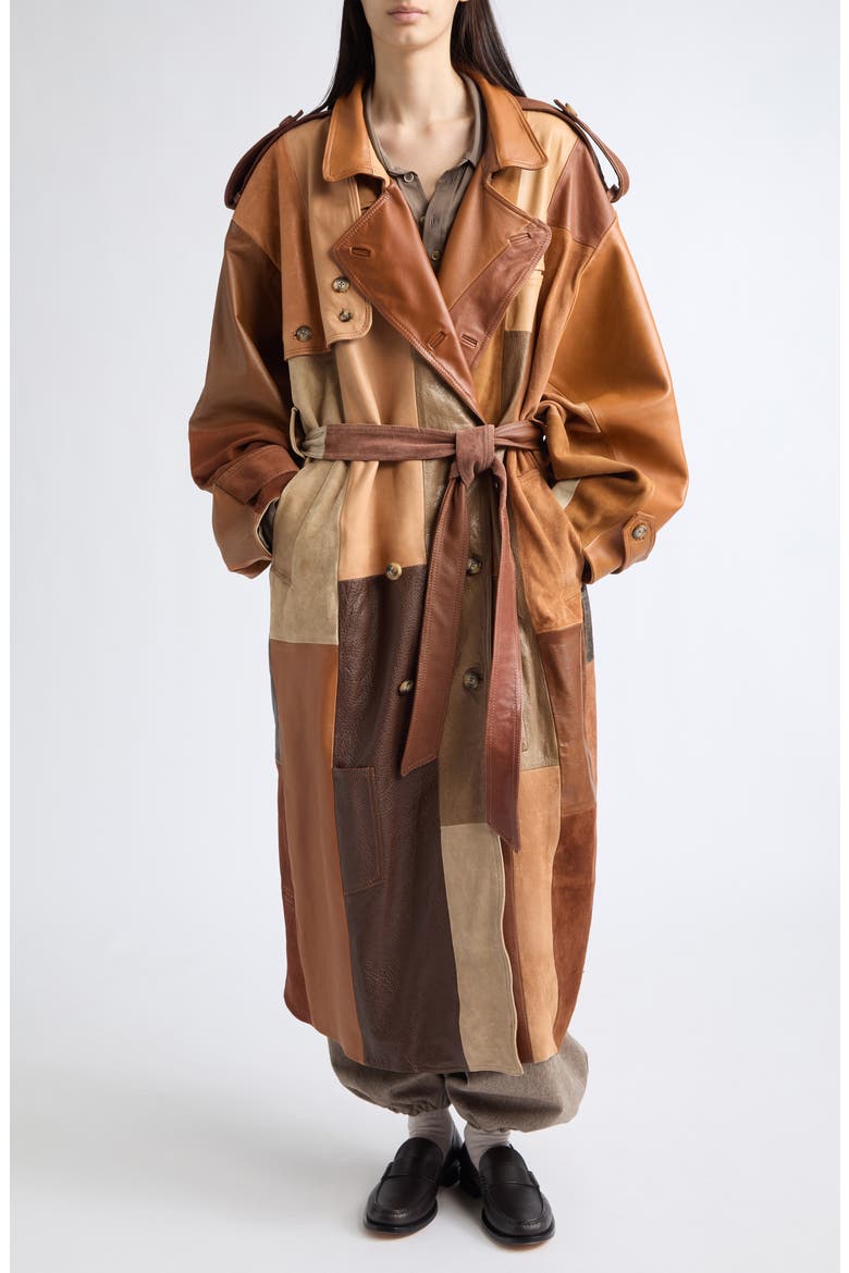 Patchwork Leather Trench Coat, Main, color, AMBER LEATHER PATCHWORK