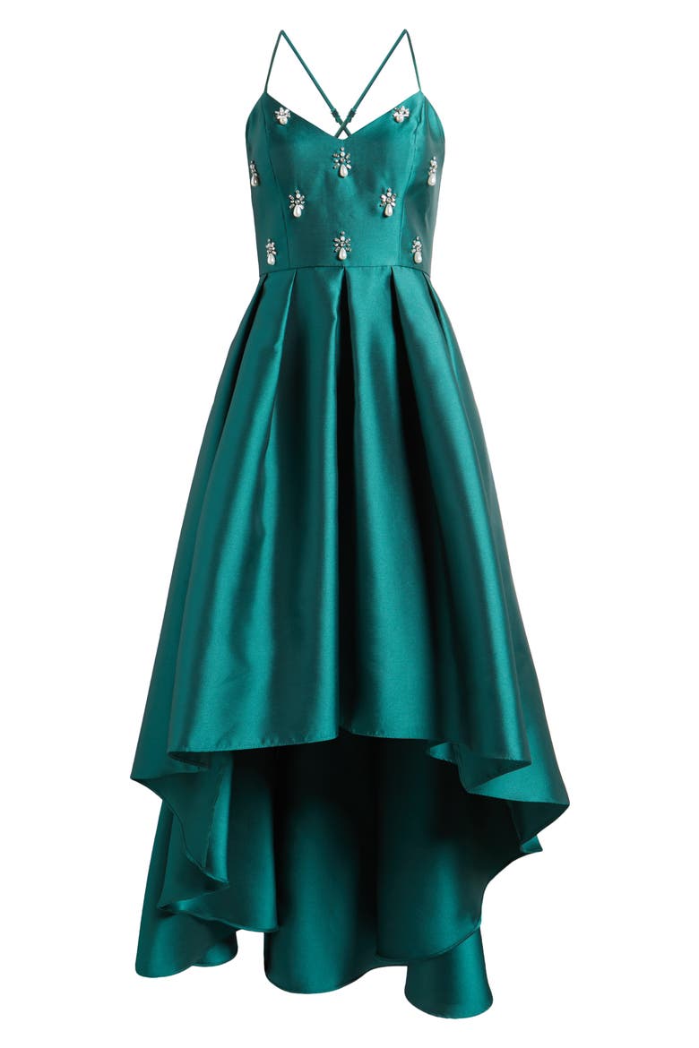 Embellished Mikado High-Low Cocktail Dress, Alternate, color, EME