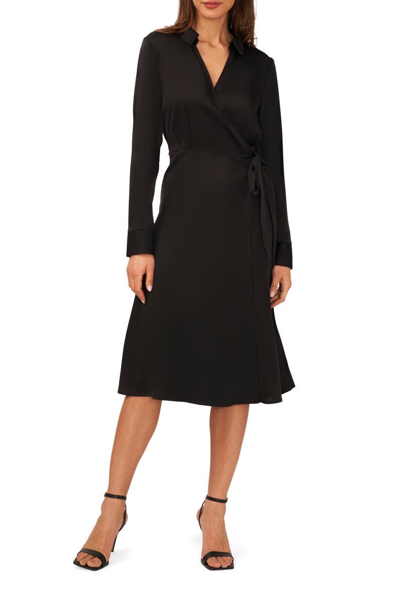 Long Sleeve Faux Wrap Midi Shirtdress, Main, color, RICH BLACK