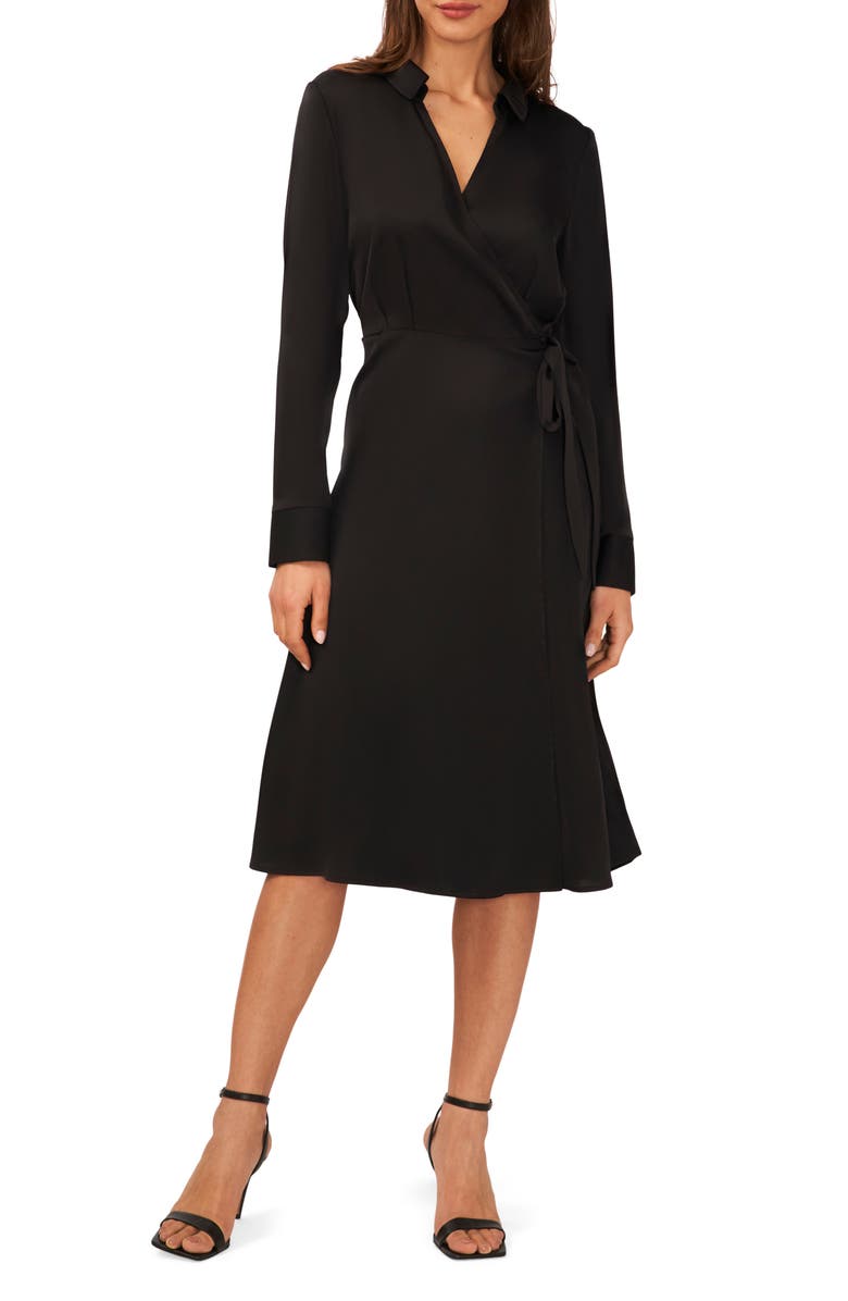 Halogen<sup>®</sup> Long Sleeve Faux Wrap Midi Shirtdress, Main, color, Rich Black