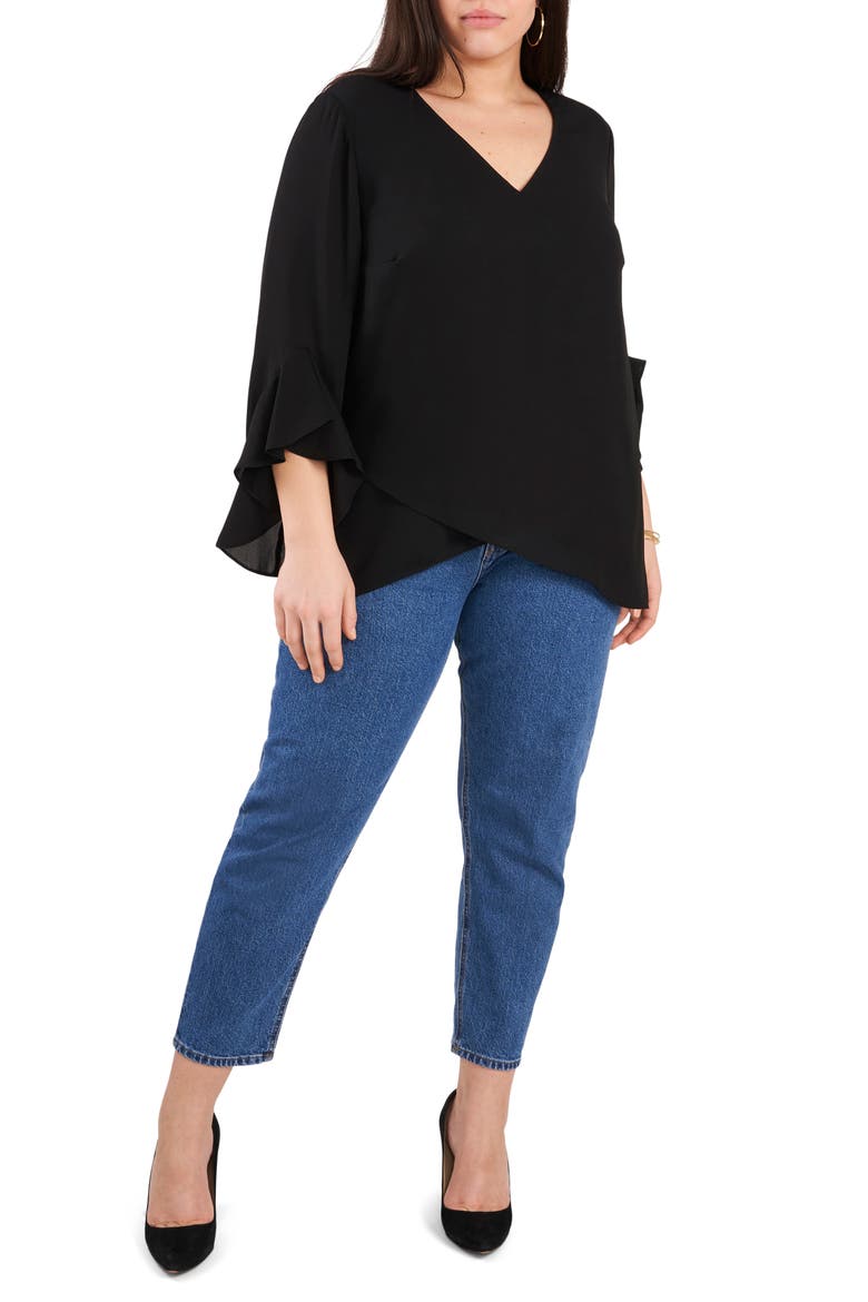 Flutter Sleeve Crossover Georgette Tunic Top, Alternate, color, BLACK
