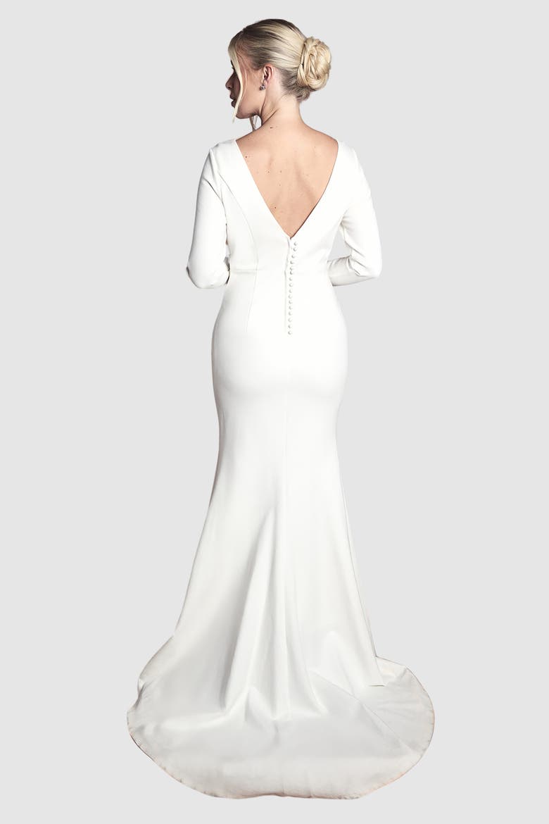 Petite Slash Neck Puddle Wedding Dress, Alternate, color, Ivory