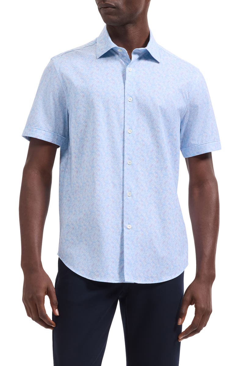 Bugatchi Miles OoohCotton<sup>®</sup> Watercolor Leaf Print Short Sleeve Button-Up Shirt, Main, color, Vista Blue