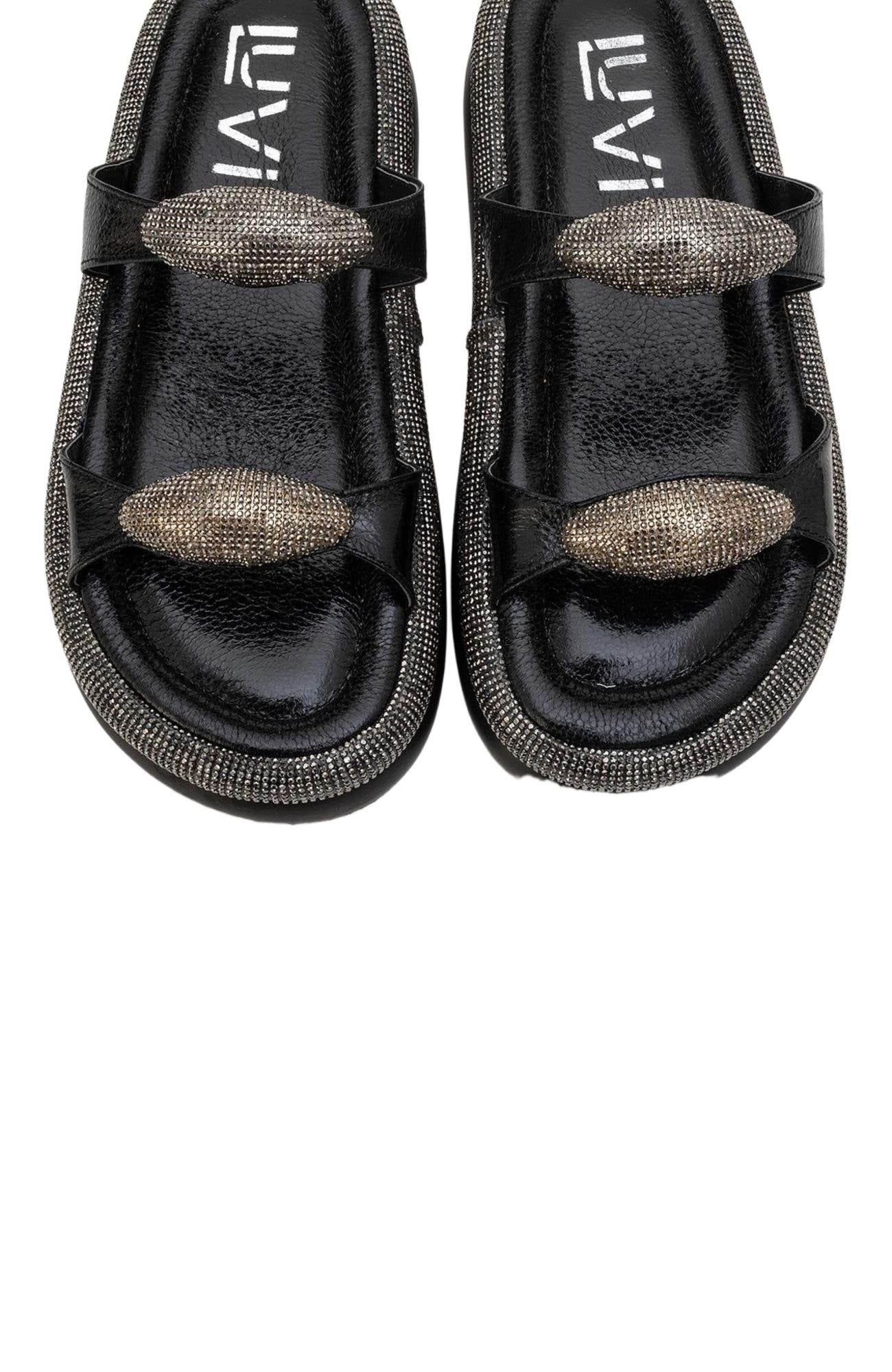 Prologue Shoes Finery Embellished Platform Slide, Alternate, color, Black Faux Leather