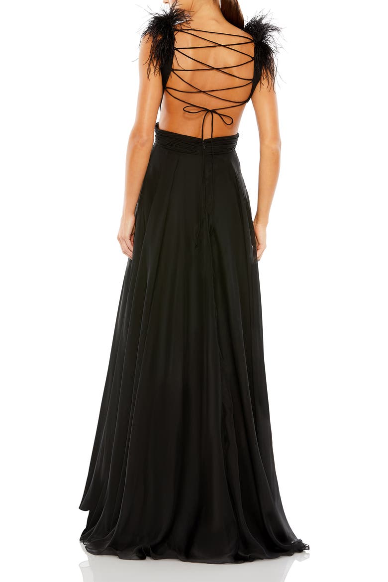 Feather-Trim Plunge A-Line Gown, Alternate, color, BLACK
