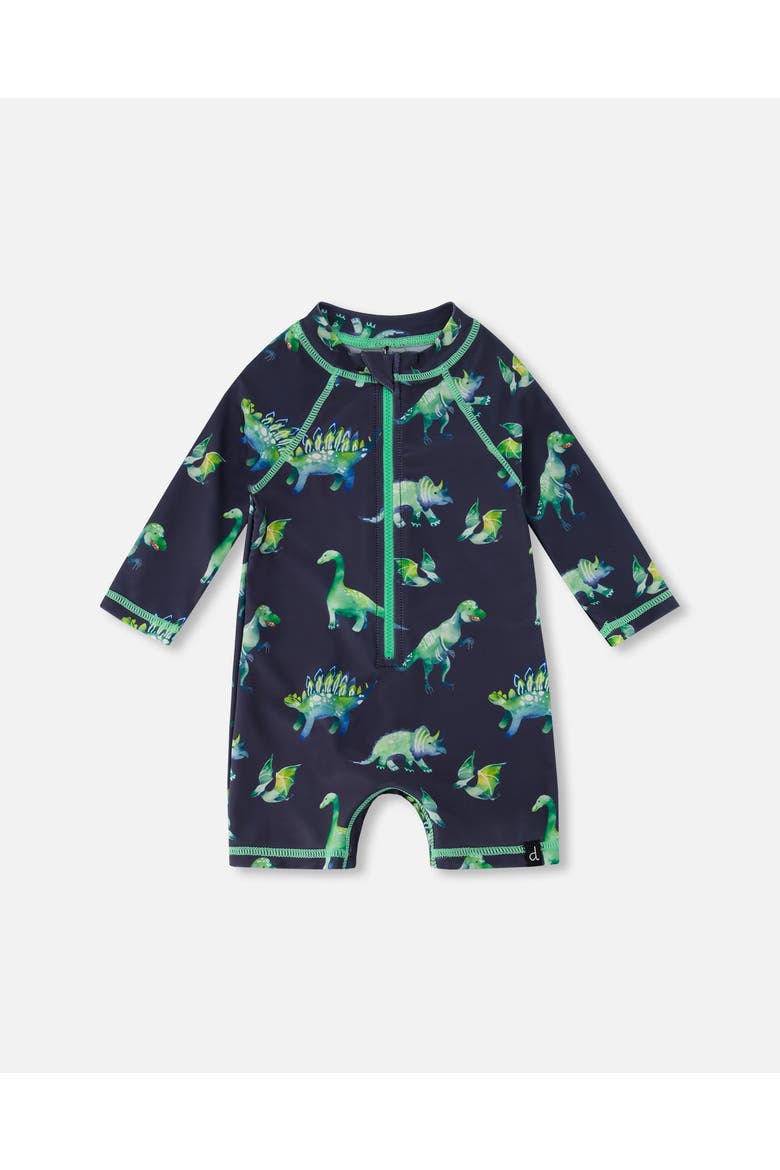 Little Boy's Long Sleeve One Piece Rashguard Grey Printed Dinosaurs, Main, color, Grey Printed Dinosaurs