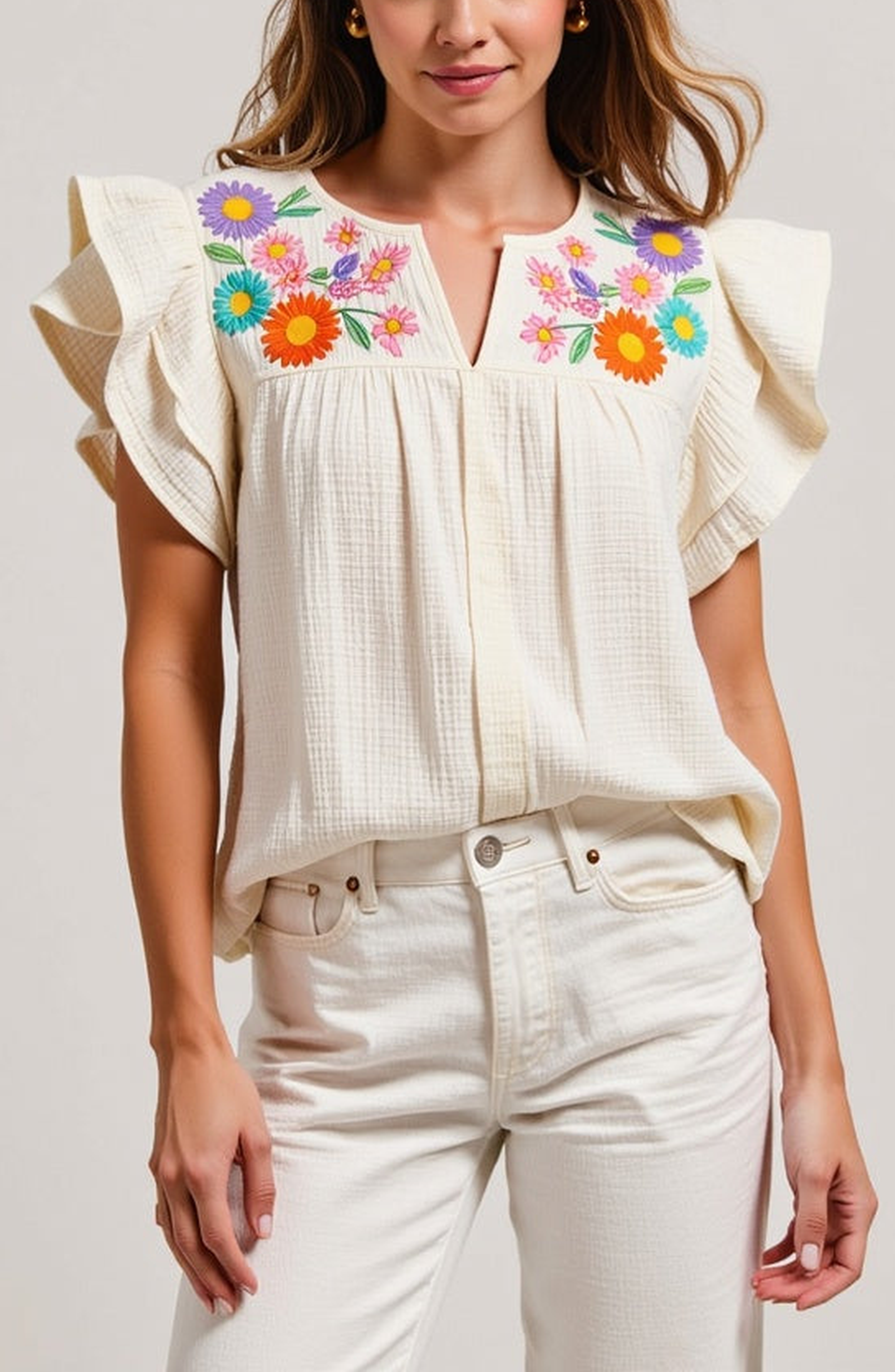 Ruffle-Sleeve Button-Front Blouse with Floral Embroidery