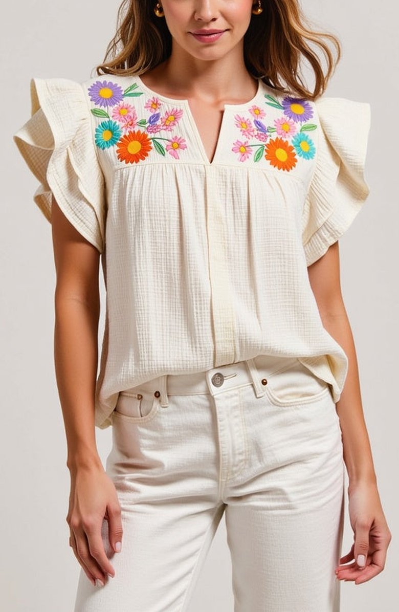 Modenaire Ruffle-Sleeve Button-Front Blouse with Floral Embroidery, Main, color, Off-White / Cream