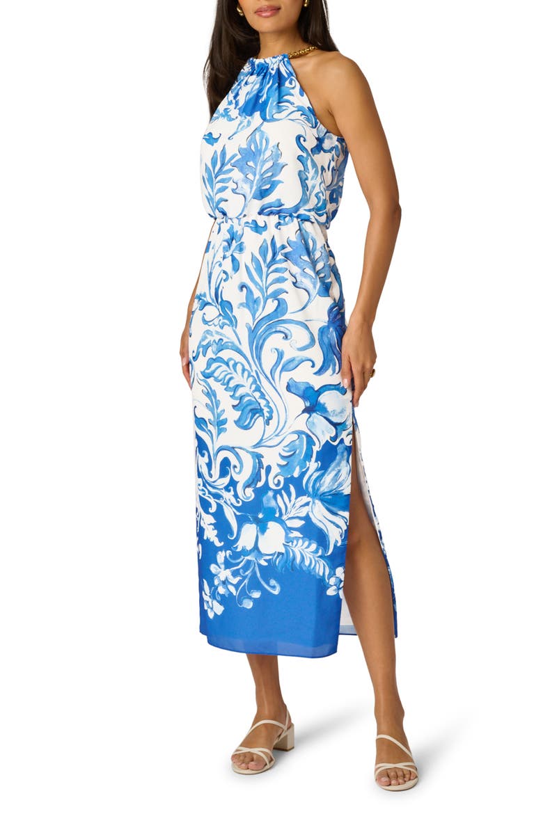 Print Blouson Bodice Sleeveless Maxi Dress, Main, color, IVORY/ BLUE