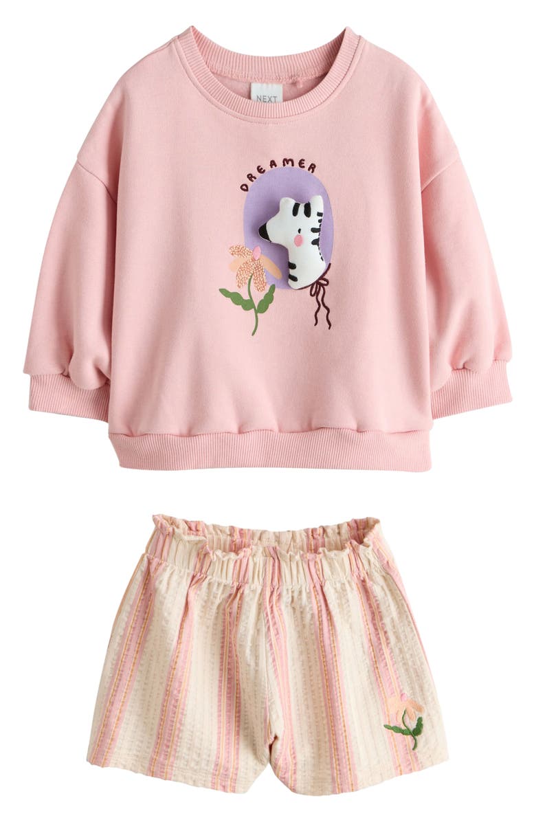 NEXT Kids' Zebra Sweatshirt & Stripe Shorts Set, Main, color, Pink