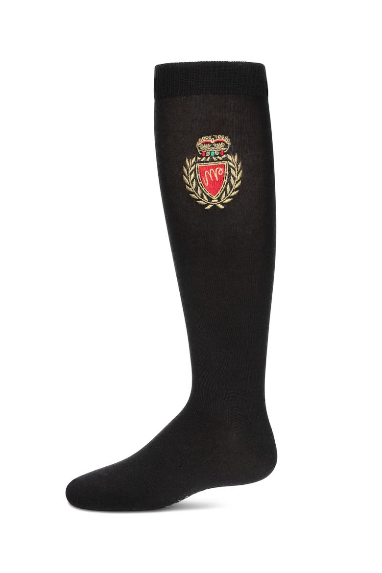 Embroidered Crest Knee High Socks, Main, color, Black