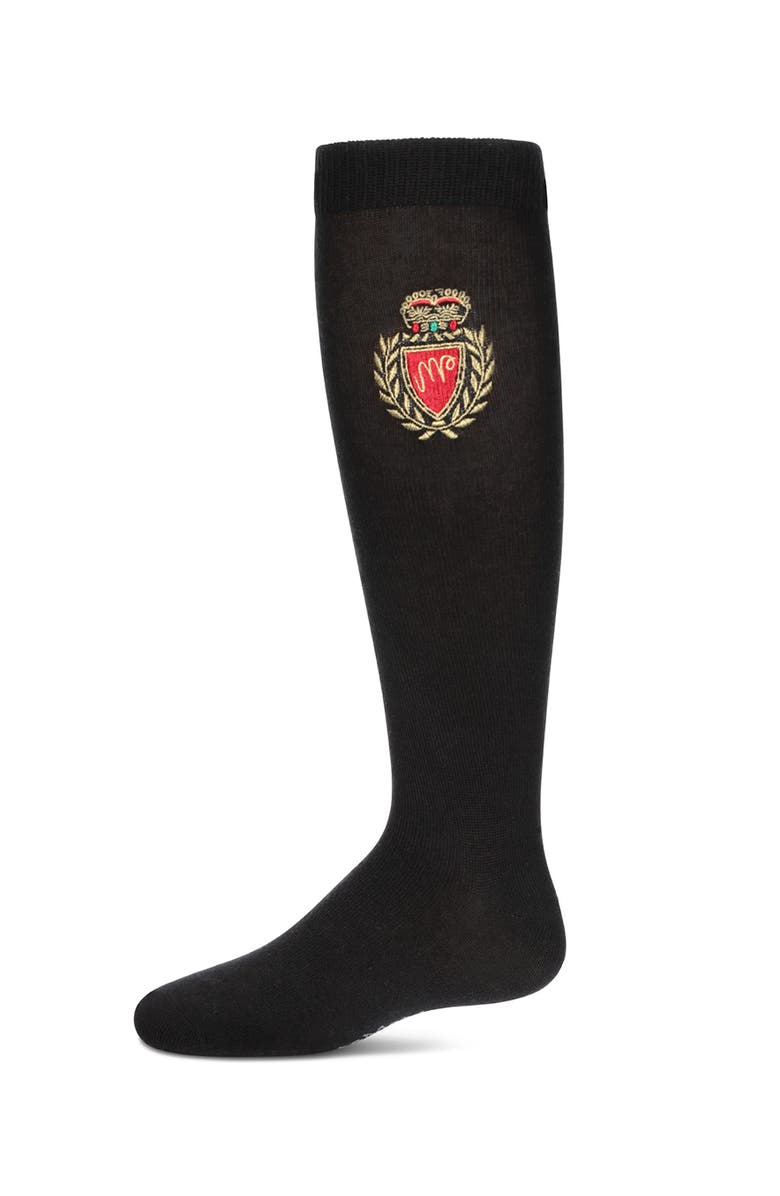 MeMoi Embroidered Crest Knee High Socks, Main, color, Black