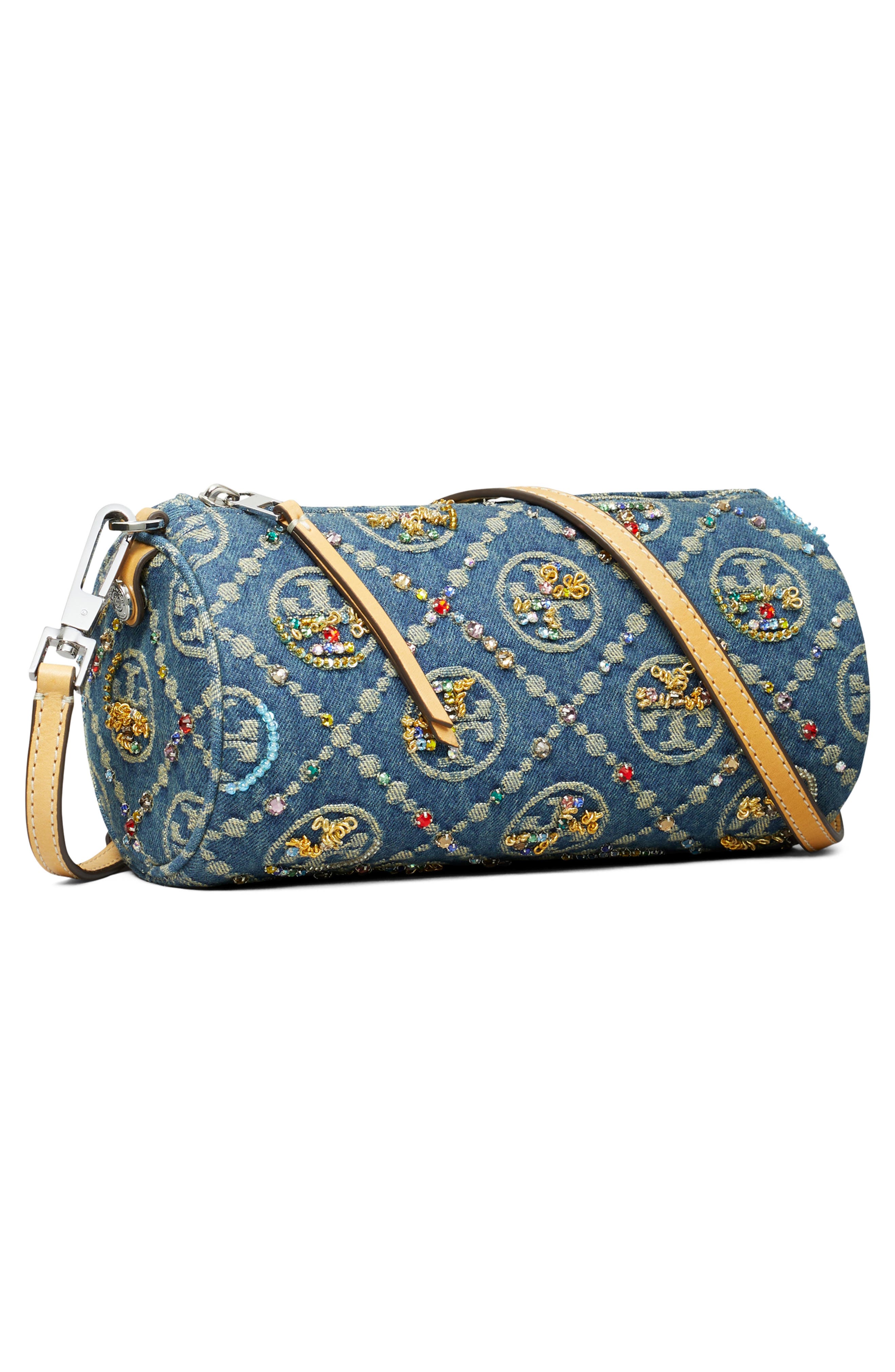 Tory Burch T Monogram Embellished Denim Cylinder Shoulder Bag, Alternate, color, 