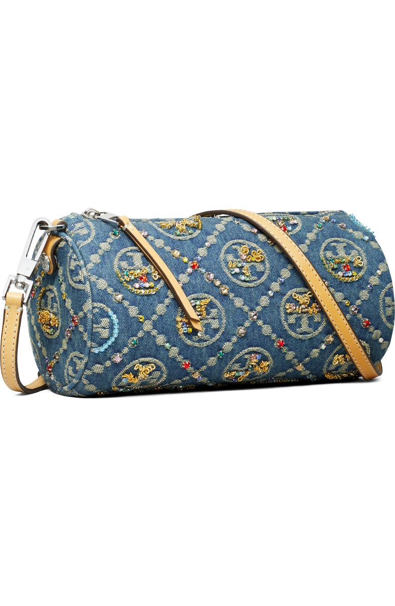 Tory Burch T Monogram Embellished Denim Cylinder Shoulder Bag, Alternate, color,