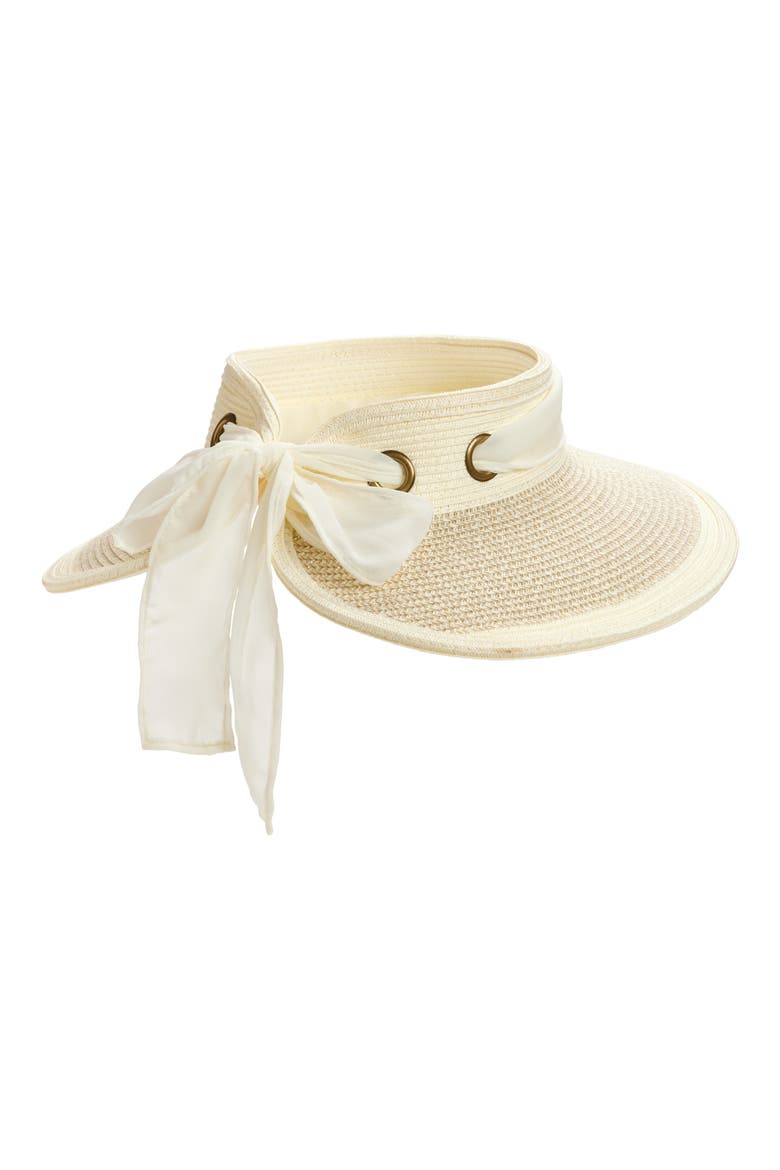 Chiffon Tie Woven Straw Visor, Alternate, color, IVORY COMBO