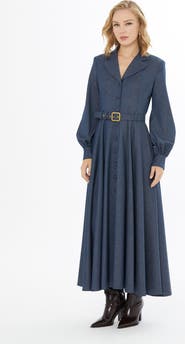 Gizia Long-Sleeve Collared Button Belted Maxi Dress