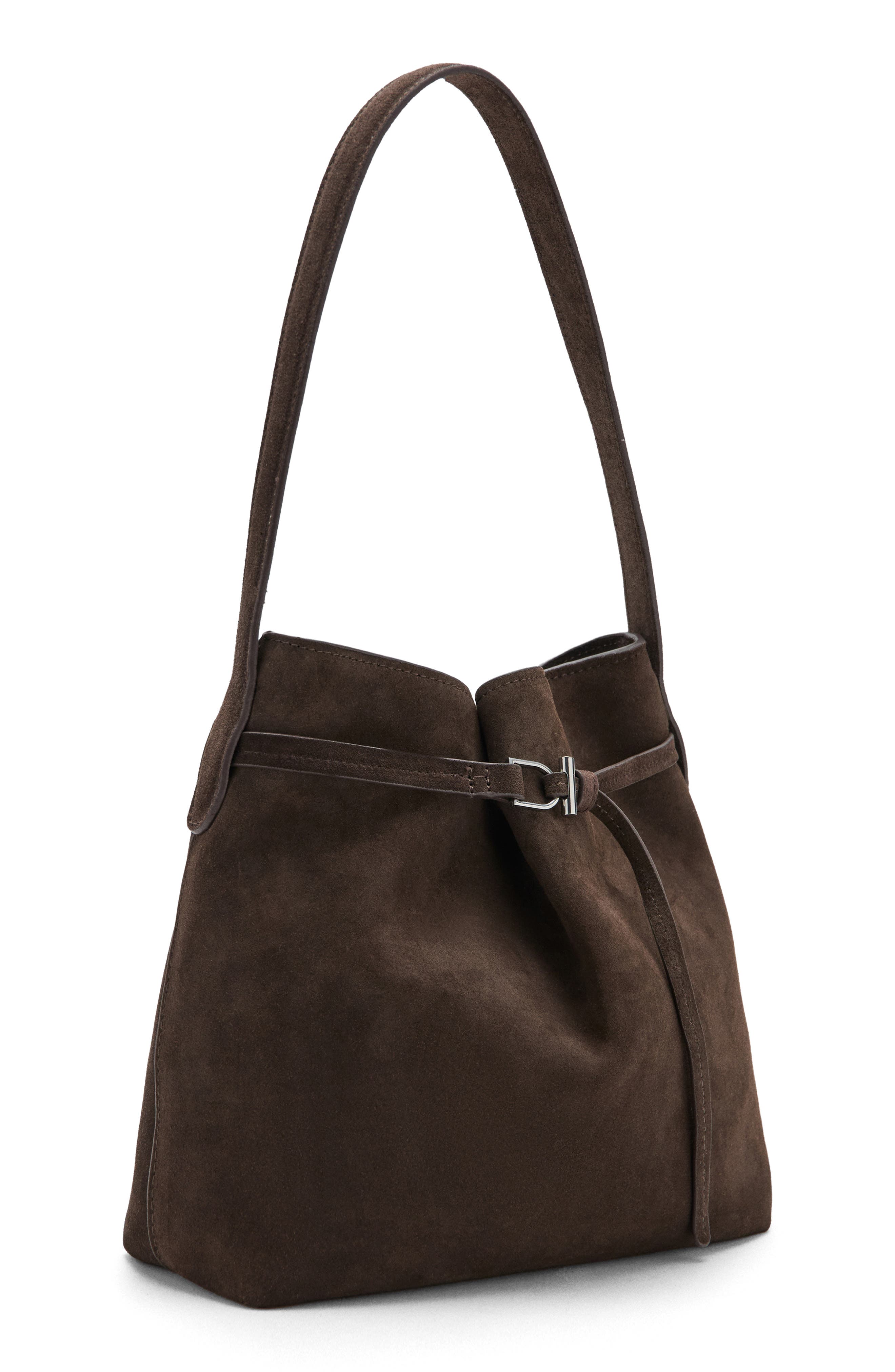 MANGO Suede Buckle Bucket Bag, Alternate, color, 