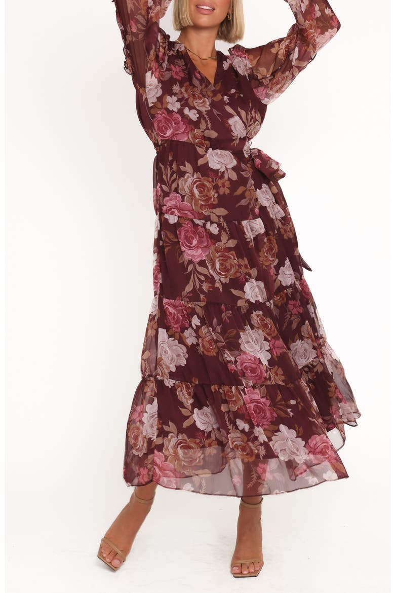 Korina Floral Long Sleeve Wrap Dress, Main, color, BURGUNDY BRANDY BLOOM