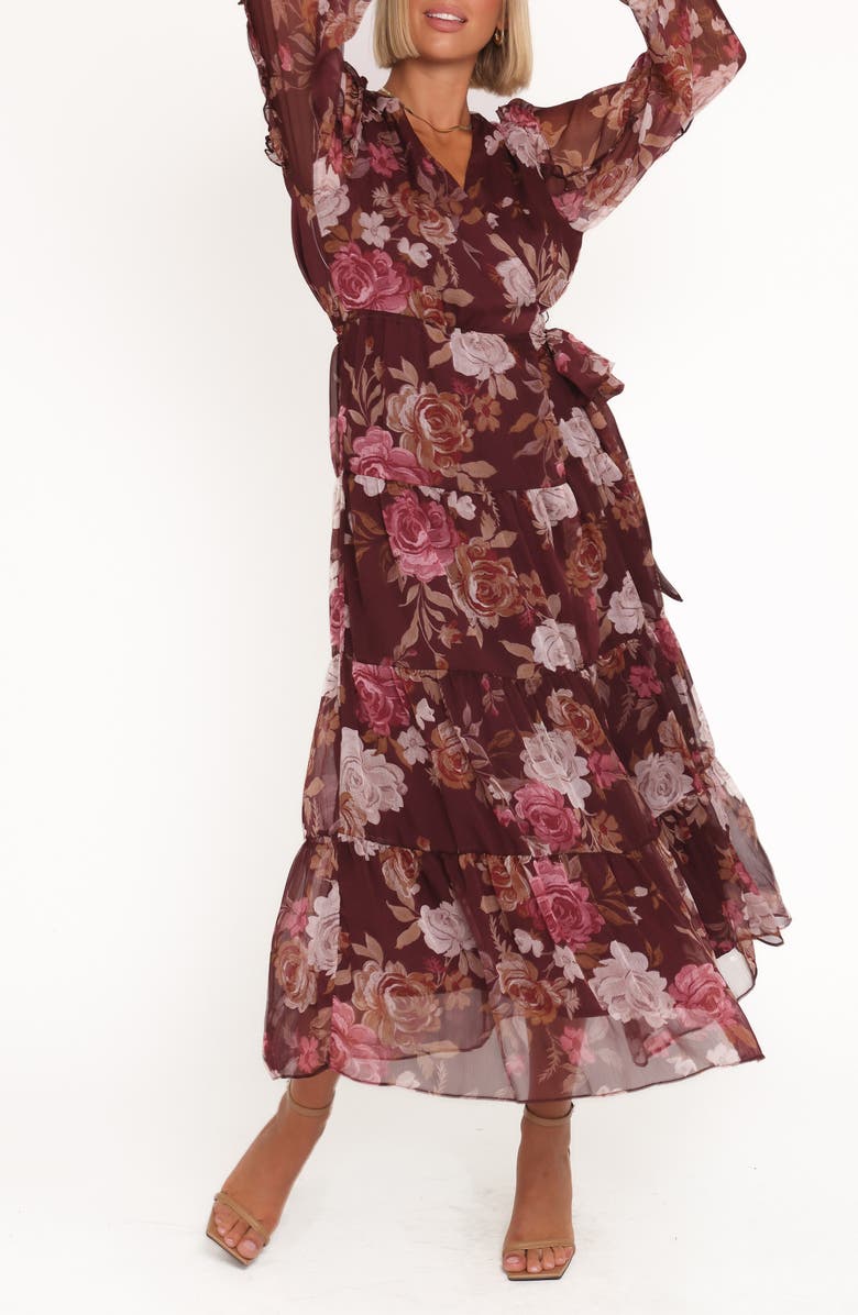 Petal & Pup Korina Floral Long Sleeve Wrap Dress, Main, color, Burgundy Brandy Bloom
