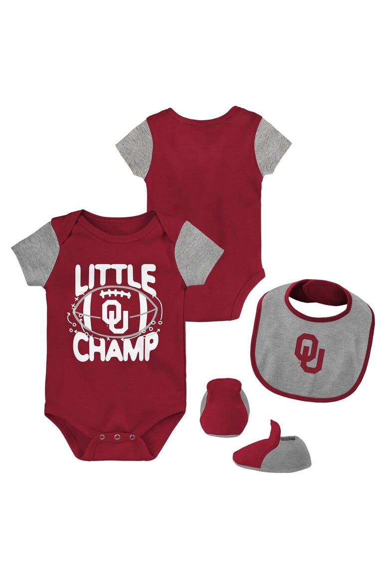 Newborn & Infant Crimson/Heather Gray Oklahoma Sooners Little Champ Bodysuit Bib & Booties Set, Main, color, Crimson