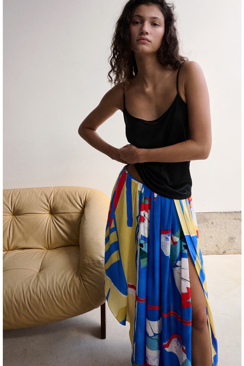 Print Asymmetric Maxi Skirt, Alternate, color, BLUE