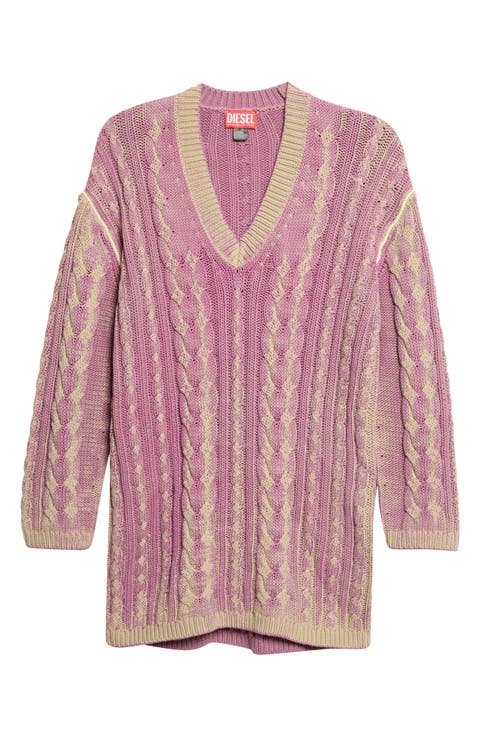Bleached Long Sleeve Cotton Blend Cable Sweater Dress