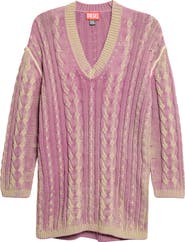 DIESEL® Bleached Long Sleeve Cotton Blend Cable Sweater Dress