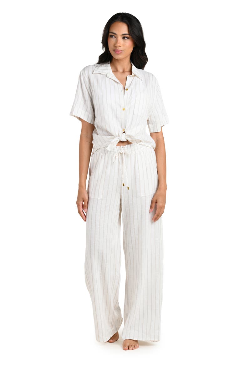 Delphine Coast Knotted Linen Blend Cover-Up Shirt, Alternate, color, CREAM