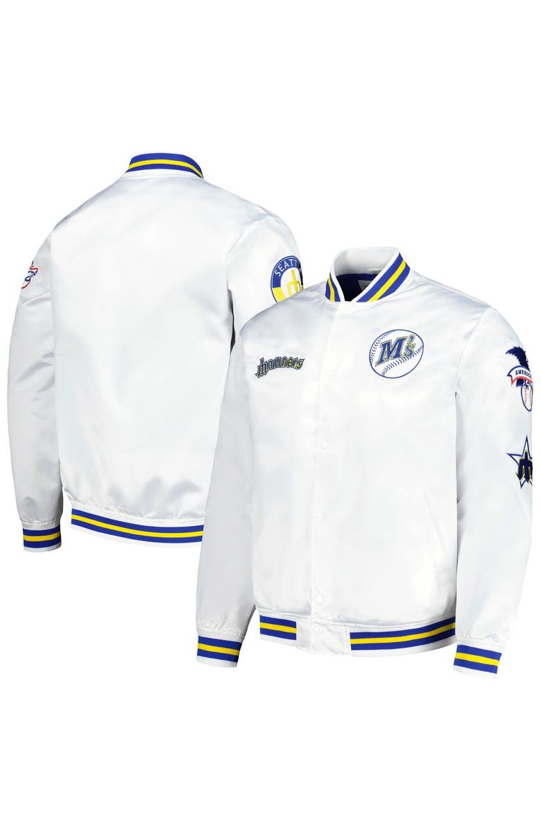 Mitchell & Ness Men's Mitchell & Ness White Seattle Mariners City Collection Satin Full-Snap Varsity Jacket, Main, color,