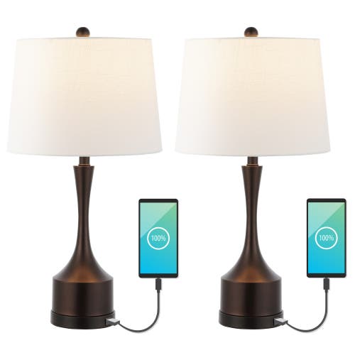 Jonathan Y Cooper 26in Set Of 2 French Country Farmhouse Iron Led Table Lamp With Usb Charging Port In Oil Rubbed Bronze
