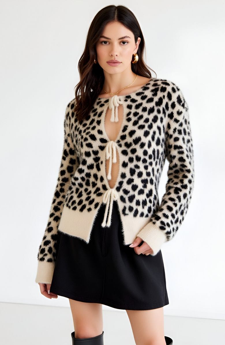 Modenaire Leopard Fuzzy Tie-Front Contrast Hem Cardigan, Main, color, 