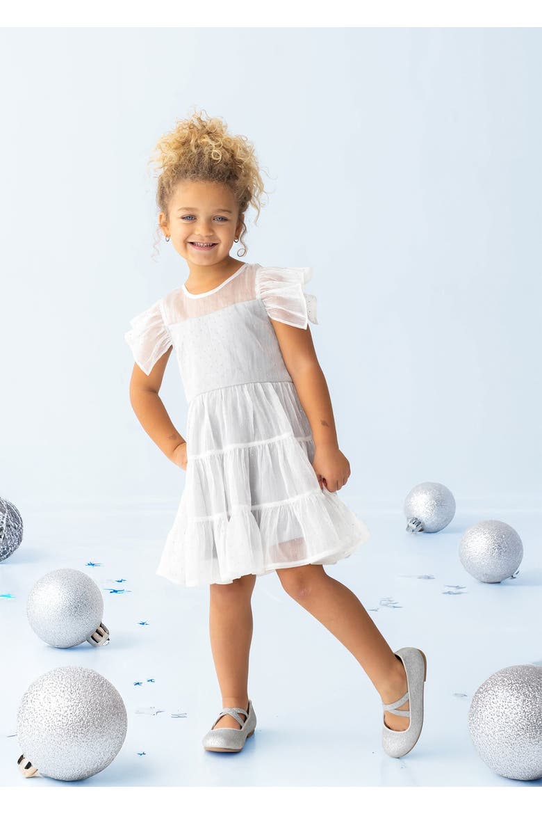 Shimmer Shine Flutter Sleeve Polka Dot Tiered Dress, Main, color, Silver