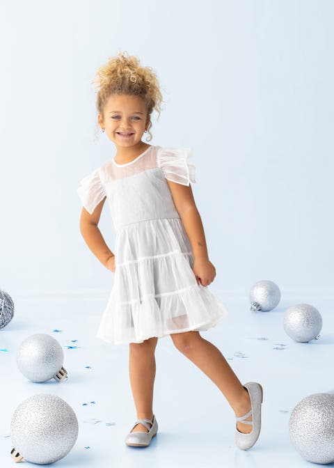 Shimmer Shine Flutter Sleeve Polka Dot Tiered Dress