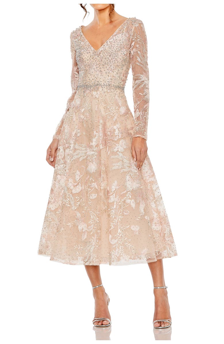 Mac Duggal Beaded Embroidered Long Sleeve V Neck Midi Dress, Main, color, Blush