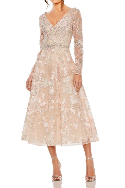 Beaded Embroidered Long Sleeve V Neck Midi Dress